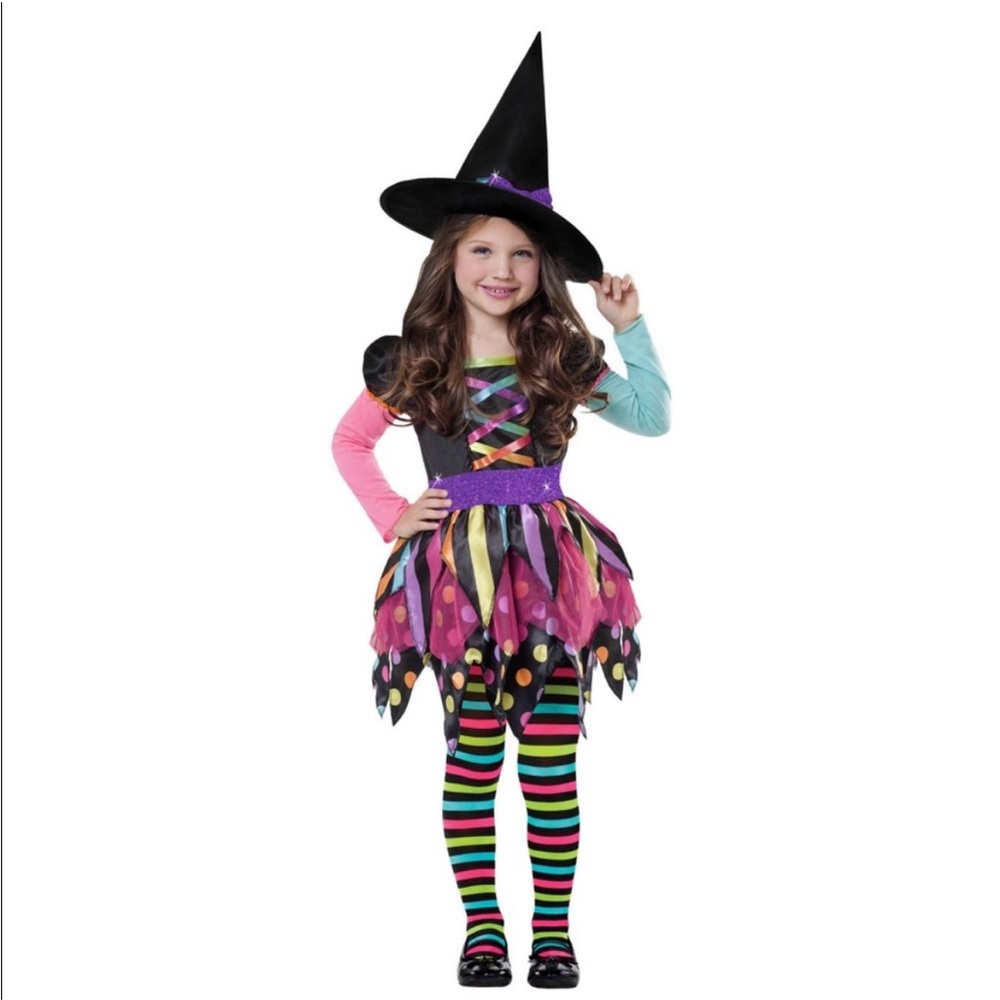 NEW GIRLS SMALL 6/6X RAINBOW WITCH HALLOWEEN COSTUME INCLUDES DRESS HAT TIGHTS,